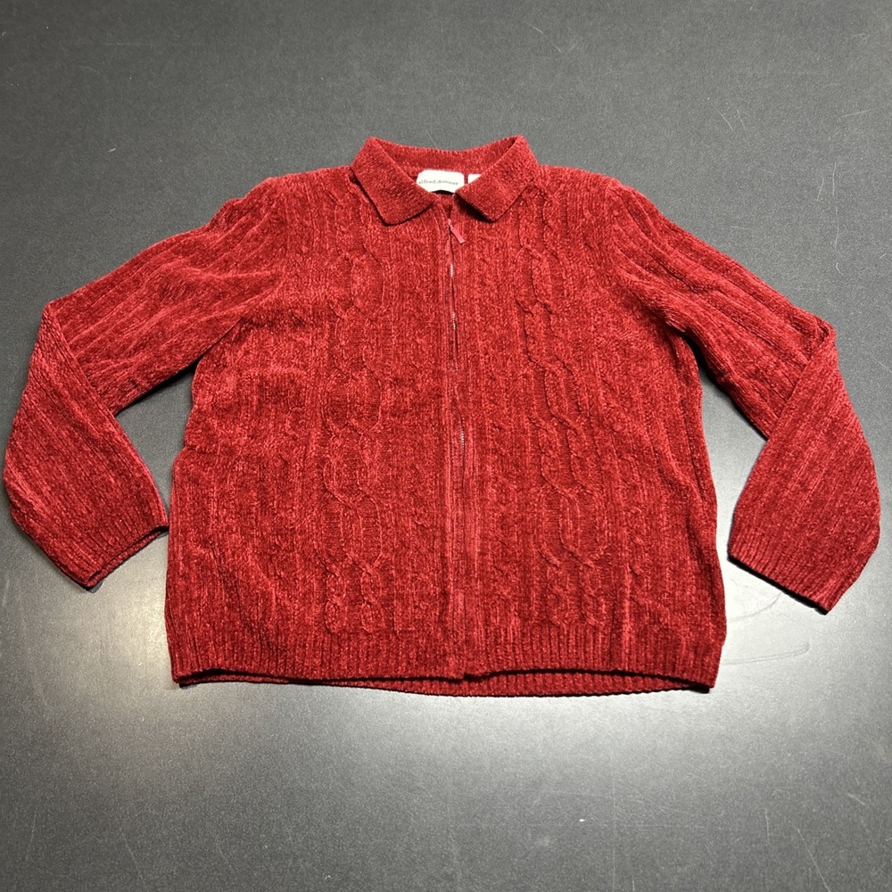 Alfred Dunner L Burgundy Chenille Zip Up Cable Knit Cardigan Sweater Women